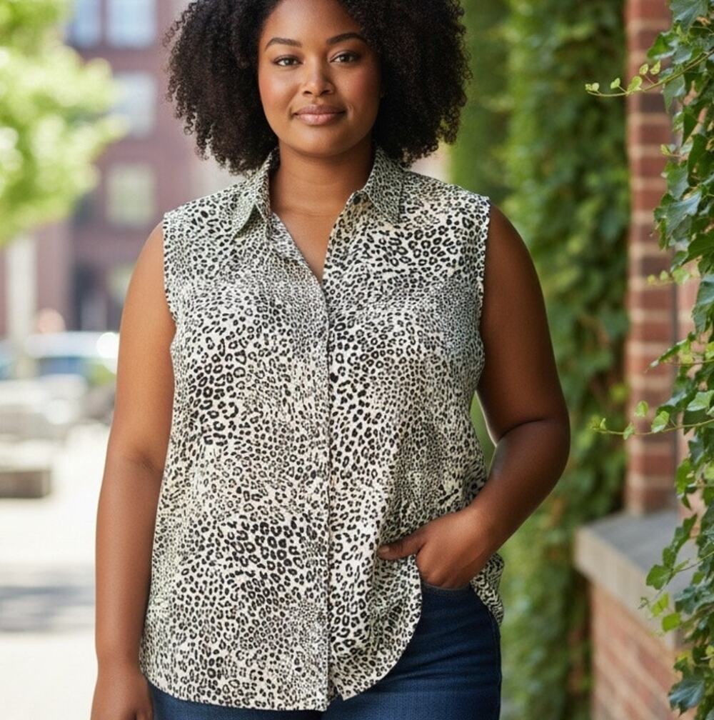 Chico's No Iron 100% Linen Tunic Leopard Print Sleeveless Office Boho SZ 3 16/18